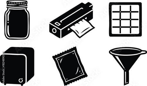 Black and white vector icons of jar fridge printer funnel grid and packet
