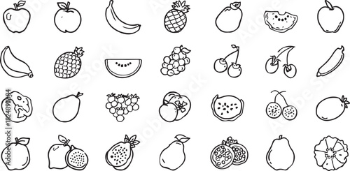 Assortment of Hand- Drawn Fruit Icons in Outline Style Featuring Apples Bananas and Grapes food pineapple
