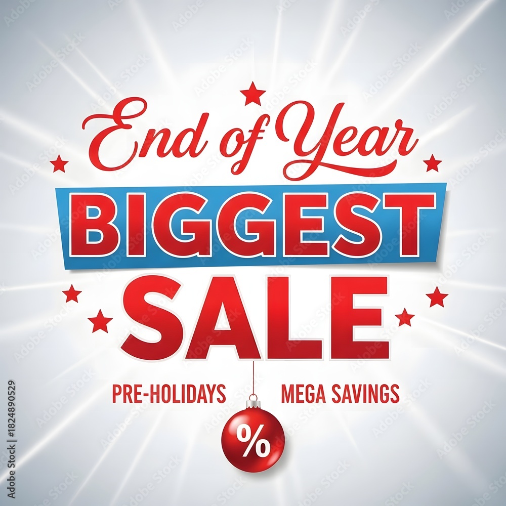 Fototapeta premium End of year biggest sale banner with festive stars and a discount ornament, perfect for holiday promotions