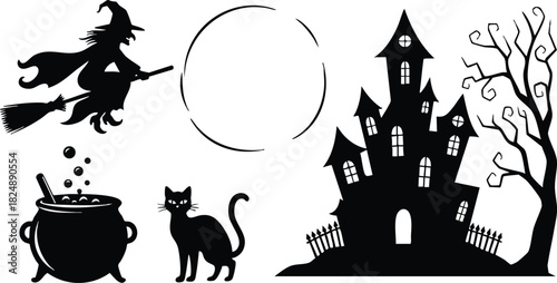 Halloween silhouette with witch cat haunted house and full moon