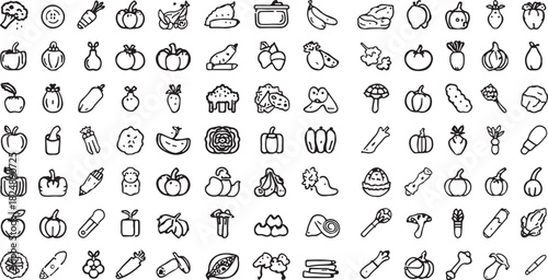 Collection of Hand Drawn Vegetable and Fruit Icons with Outline Style on White Background apple apricot
