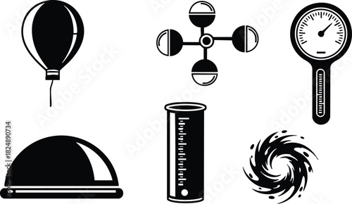 Set of scientific vector icons including balloon anemometer thermometer petri dish beaker and vortex swirl