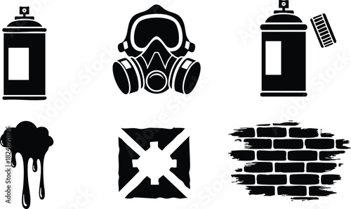 Black spray paint icons with gas mask and brick wall stencil illustration