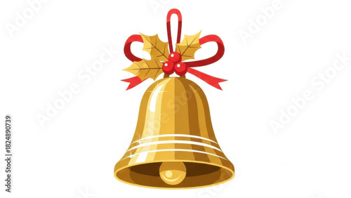 Golden Christmas Bell with Holly and Ribbon on White Background.