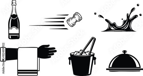 Champagne bottle cork splash and serving tray vector illustration