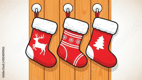 Christmas Stockings Hanging on Wood Background Holiday Decor.