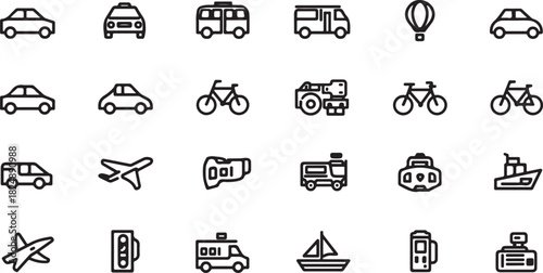 Diverse Transportation Vehicles and Modes of Travel in Outline Icons on White Background taxi truck
