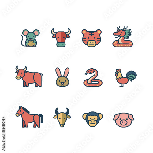 chinese zodiac animals icon set