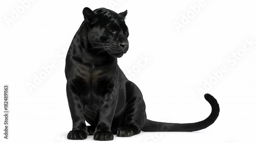 A majestic black big cat sits calmly, observing its surroundings with an intense gaze against a pristine white background. Its sleek, dark fur accentuates its powerful physique and piercing yellow eye