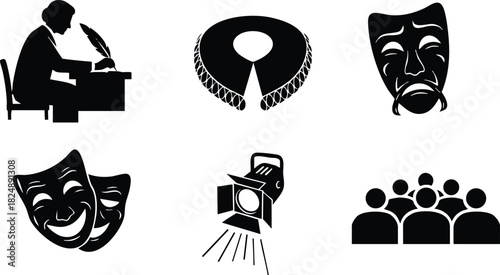 Silhouettes of writer actor theater masks camera audience vector illustration