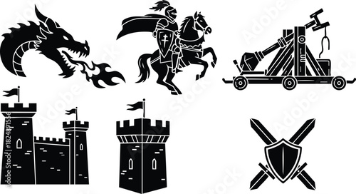 Medieval knight dragon castle catapult and crossed swords vector illustration