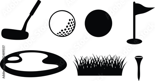 Golf club ball green flag grass tee hole vector illustration