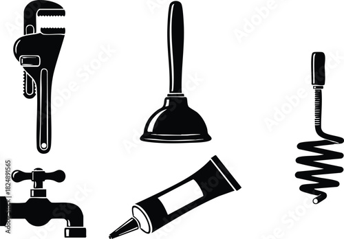 Plumbing tools vector illustration set with wrench plunger faucet tube and auger
