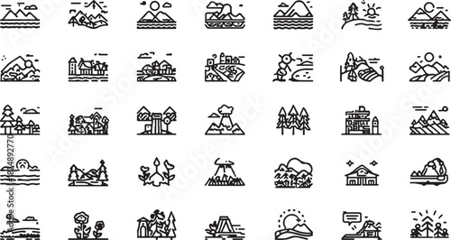 Stylized Landscape Scenes and Natural Elements in Outline Icons on White Background mountain hill