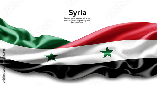 Quadro em tela Waving syrian flag with green red and white stripes and two stars on white backg