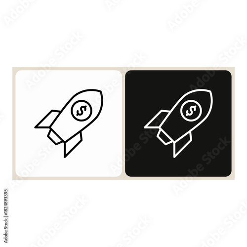 Rocket  icon in simple outline style, shown in black on white and white on dark.
