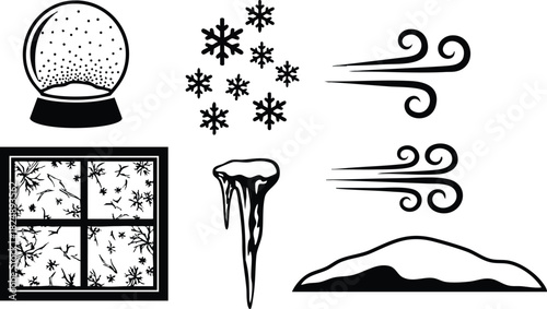 Winter weather icons snowflakes ice icicle snow globe wind gust window frost vector illustration