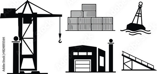 Harbor port crane with cargo containers and loading dock vector illustration