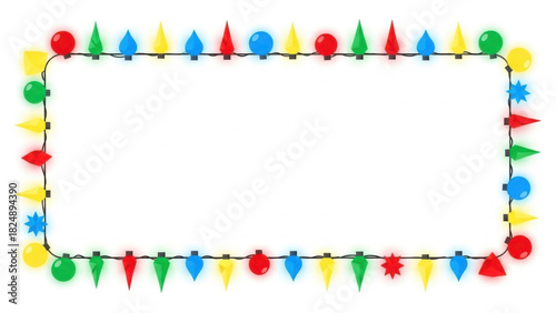 Holiday Lights Border Frame with Christmas Decoration on White Background.