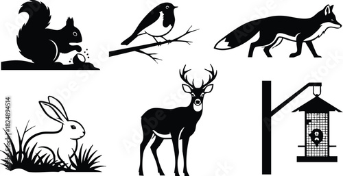 Silhouette vector set of forest animals and bird feeder design
