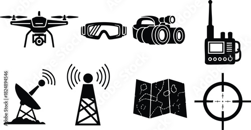 Drone goggles binocular walkie talkie satellite antenna tower map target icons