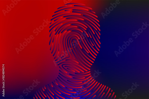 Digital identity and biometrics concept. Human silhouette formed by fingerprint lines against a vibrant red and blue gradient background, symbolizing security and technology.