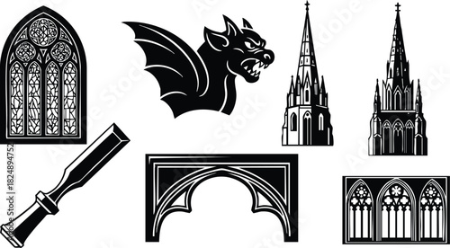 Gothic architectural elements with gargoyle and telescope vector set