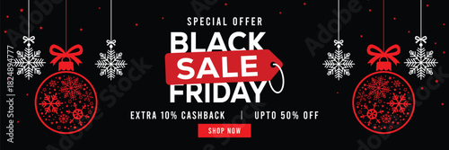 Festive Black Friday sale banner with hanging snowflakes and gift boxes, bold red and white typography on black background, special offer, extra cashback and discounts, modern holiday promotion design