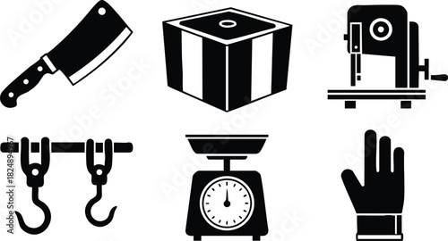 Kitchen tools vector icons set including cleaver, box, meat slicer, hooks, scale, and glove