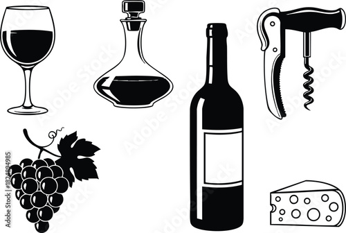 Wine bottle glass grapes cheese corkscrew vector illustration