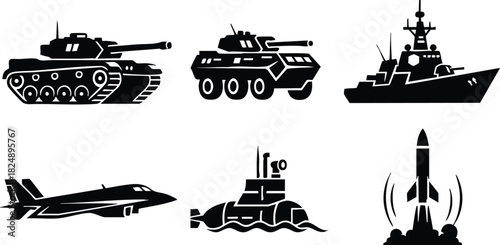 Military war vehicles icons tank armored vehicle battleship fighter jet submarine missile launch