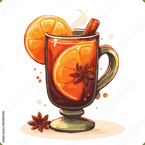 Vector illustration of a glass of red mulled wine with orange slices, cinnamon, star anise, isolated on a white background. Vector illustration of winter beverage on white background