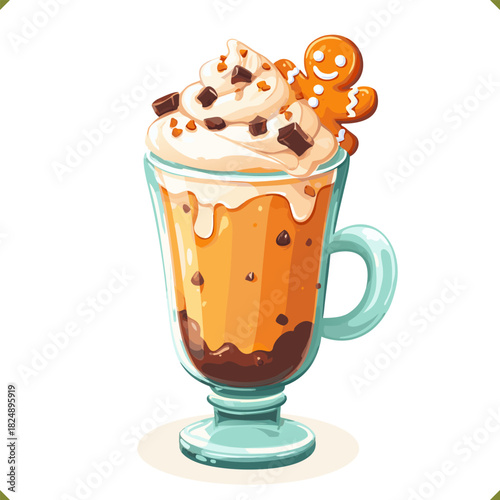 Vector illustration of a creamy latte dessert in a glass with whipped cream, caramel, chocolate pieces, gingerbread man, isolated on a white background. Vector illustration of winter beverage