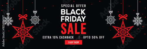 Festive Black Friday sale banner with hanging snowflakes and gift boxes, bold red and white typography on black background, special offer, extra cashback and discounts, modern holiday promotion design