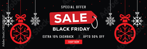 Festive Black Friday sale banner with hanging snowflakes and gift boxes, bold red and white typography on black background, special offer, extra cashback and discounts, modern holiday promotion design