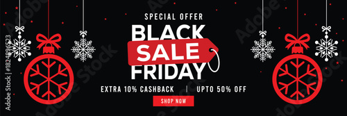 Festive Black Friday sale banner with hanging snowflakes and gift boxes, bold red and white typography on black background, special offer, extra cashback and discounts, modern holiday promotion design