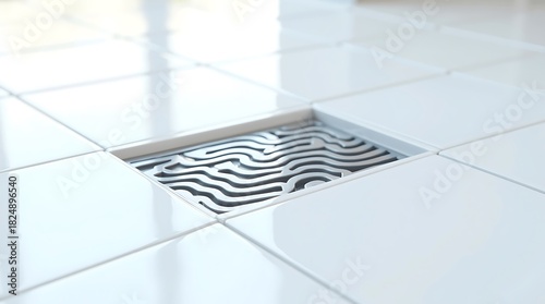 Contemporary square floor drain with unique wavy pattern in a white tiled floor