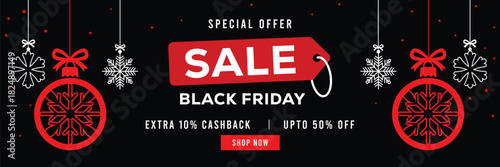 Festive Black Friday sale banner with hanging snowflakes and gift boxes, bold red and white typography on black background, special offer, extra cashback and discounts, modern holiday promotion design