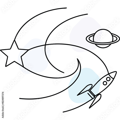 Cosmic Space Journey with Rocket, Planet, and Guiding Star