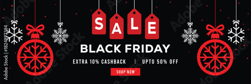 Festive Black Friday sale banner with hanging snowflakes and gift boxes, bold red and white typography on black background, special offer, extra cashback and discounts, modern holiday promotion design