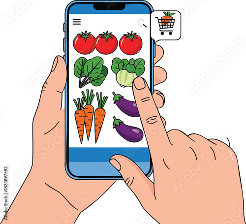 Online Grocery Shopping App Interface , Hand Ordering Fresh Vegetables via Mobile Phone E-commerce
