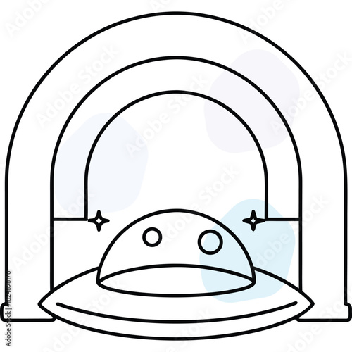 Minimalist UFO Spaceship Icon Flying Through a Futuristic Cosmic Portal