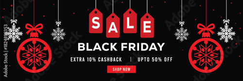 Festive Black Friday sale banner with hanging snowflakes and gift boxes, bold red and white typography on black background, special offer, extra cashback and discounts, modern holiday promotion design