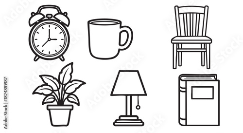Alarm clock plant and mug line art vector illustration design