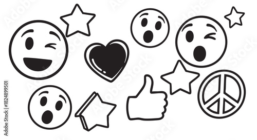 Black and white emojis including a wink face and a surprised face