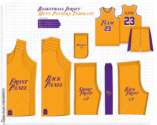 fashion pattern for a men’s basketball fan jersey, featuring graded sizes, garment outlines, technical layout and updated color panels designed for apparel creators and sportswear pattern