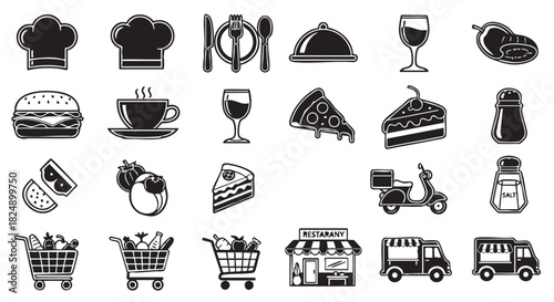 Black and white vector illustration food and beverage icons collection