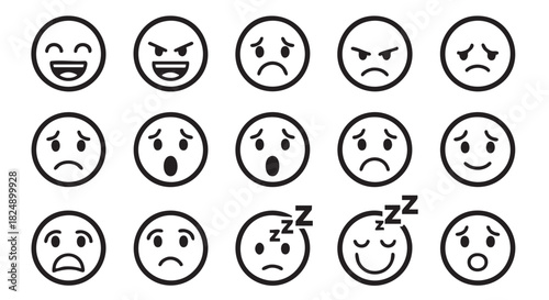 Collection of diverse black and white emoji representing various human emotions