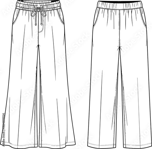 Wide leg pants technical sketch, front and back view, drawstring waist, side pockets, fashion design template, garment vector illustration, apparel outline drawingWide leg pants technical sketch, 