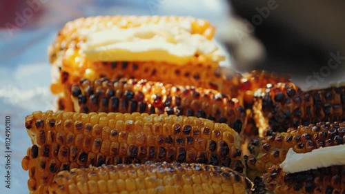 A close-up of grilled corn on the cob, perfectly toasted and golden, with melted butter on top. A hand sprinkles salt on it. A delicious summer treat with mouth-watering flavor